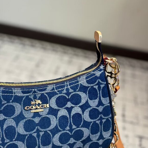 Denim Blue Shoulder Bag with Tan Strap - Picture 2 of 6